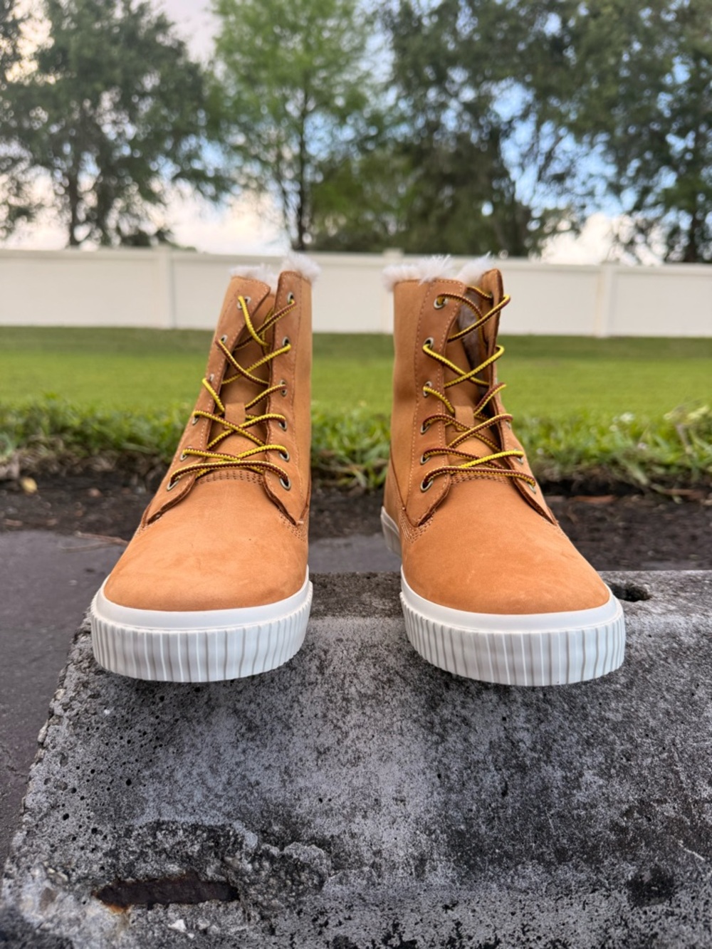Timberland Women's Tan Suede Lace-Up Ankle Booties with White Sole